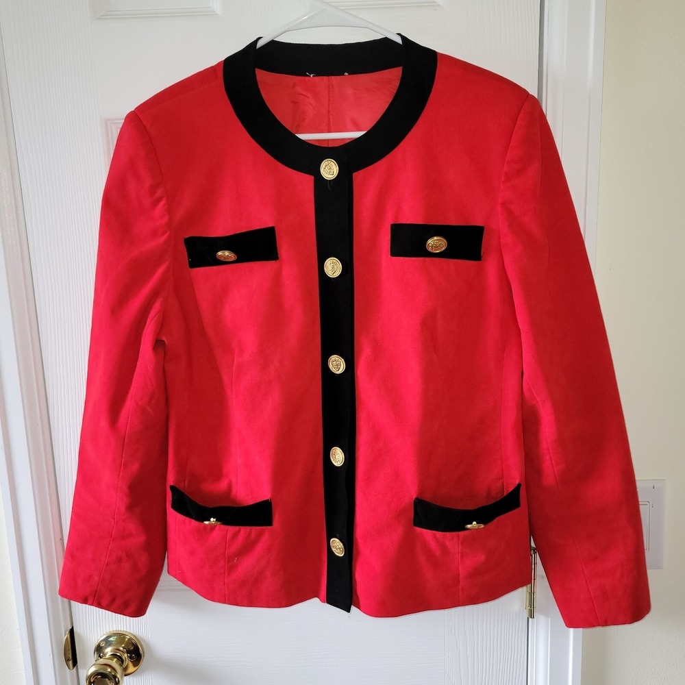 Ultrasuede Womens Jacket Size 12 Red Black Trim Gold Buttons Vintage‎